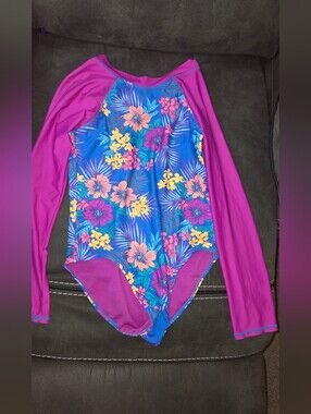 Girls Long Sleeve Floral Rash Guard Swimsuit - Purple/Blue Sz 16